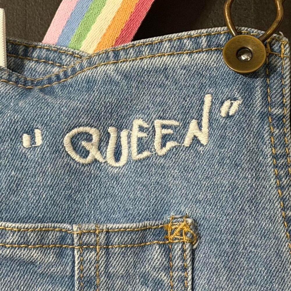 Rainbow Strap Denim Romper Overalls “Queen” Embroidered Trendy Y2K Cottagecore - Picture 3 of 8
